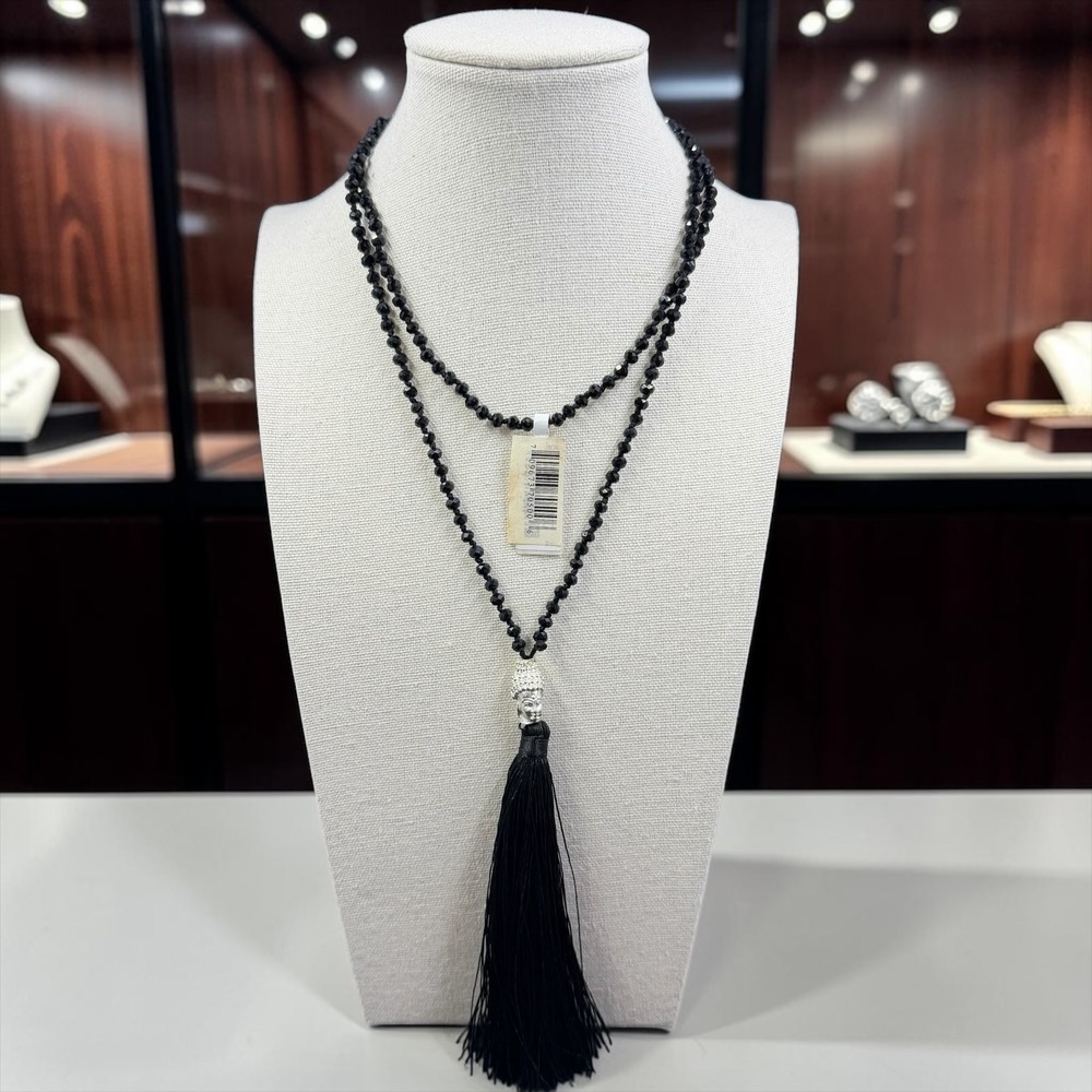 42" Black Faceted Bead Buddha Head Tassel Necklace Long Boho Statement New